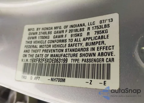 2013 Honda Civic Lx из США, поврежденный, VIN 19XFB2F5XDE063199